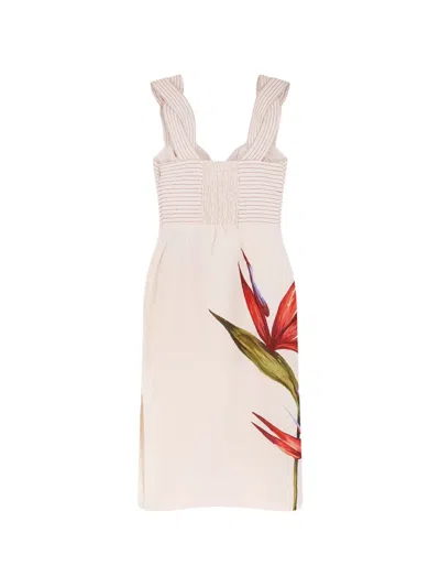 Farm Rio Sand-colored Linen Midi Dress With Strelitzia Pattern In Brown