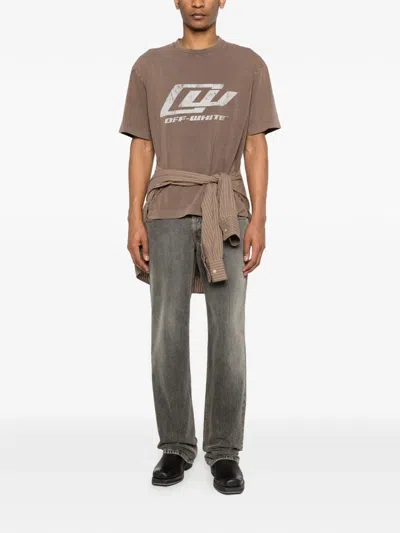 Off-white Logo Printed Crewneck T-shirt In Brown