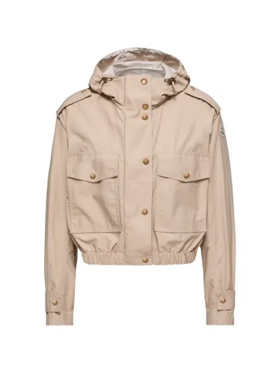 Moncler Carex Cropped Hooded Cotton-blend Poplin Jacket In Neutral