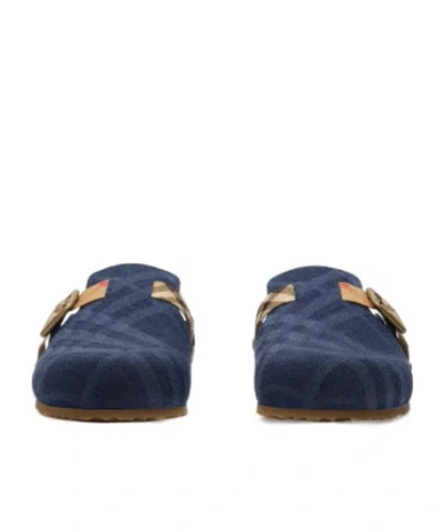 Burberry Lf Urchin Mules Cotton Check Pattern In Blue