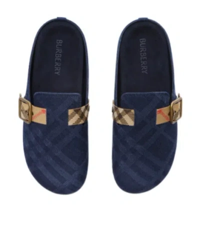 Burberry Lf Urchin Mules Cotton Check Pattern In Blue