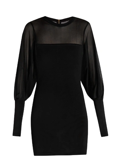 Balmain Sheer-detail Knitted Mini Dress In Black