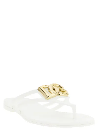 Dolce & Gabbana White Thong Sandals With Logo Plaque On The Front In Rubber Woman In Multi
