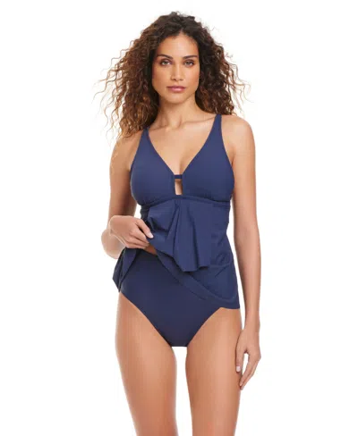 Beyond Control Women's Solid Front-cascade Tankini Top In Blue