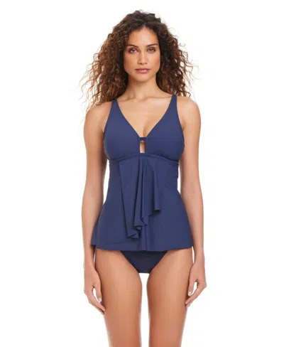 Beyond Control Women's Solid Front-cascade Tankini Top In Blue