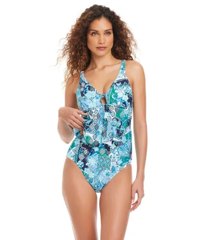 Beyond Control Women's Front Cascade Printed Tankini In Multi