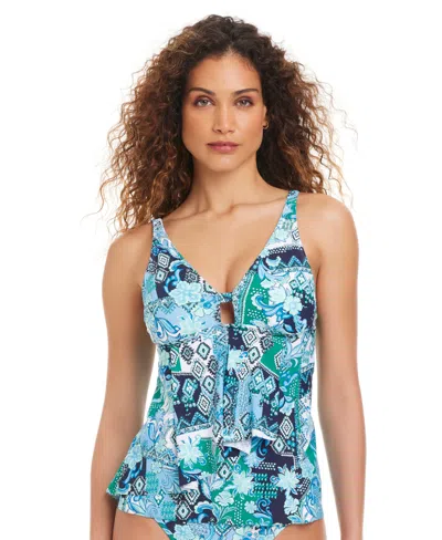 Beyond Control Women's Front Cascade Printed Tankini In Multi