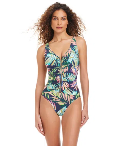 Beyond Control Zipper Front V Neck One Piece Swimsuit In Blue