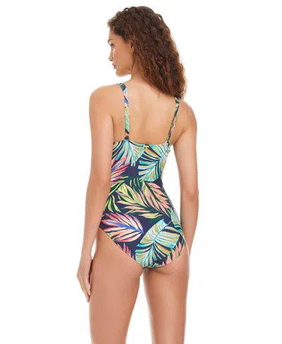Beyond Control Zipper Front V Neck One Piece Swimsuit In Blue