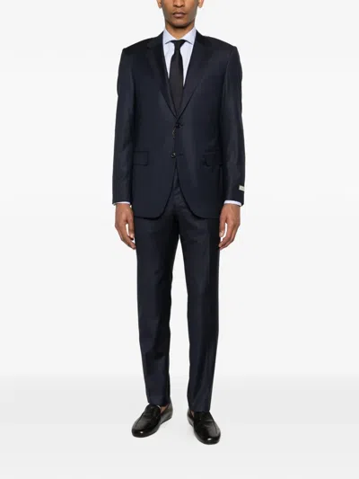 Canali Herringbone Buttoned Suit In Blue