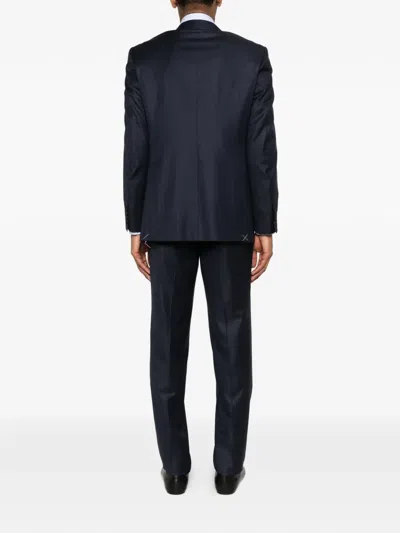 Canali Herringbone Buttoned Suit In Blue