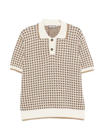 Canali Beige Short-sleeved Linen And Silk Jacquard Polo Shirt With Houndstooth Pattern In Multi