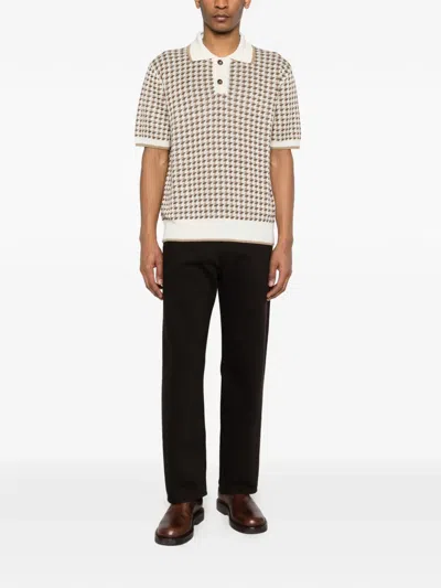Canali Beige Short-sleeved Linen And Silk Jacquard Polo Shirt With Houndstooth Pattern In Multi