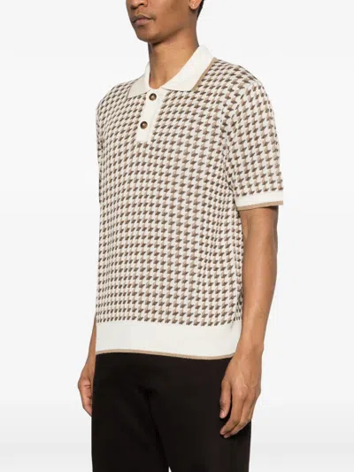 Canali Beige Short-sleeved Linen And Silk Jacquard Polo Shirt With Houndstooth Pattern In Multi