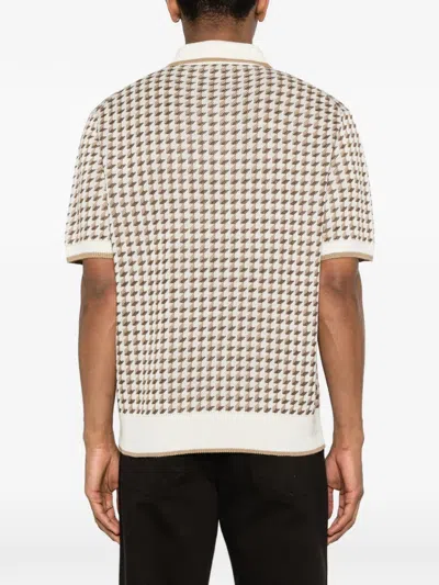 Canali Beige Short-sleeved Linen And Silk Jacquard Polo Shirt With Houndstooth Pattern In Multi