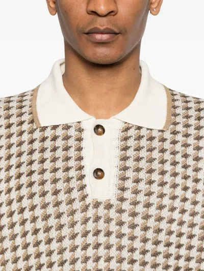Canali Beige Short-sleeved Linen And Silk Jacquard Polo Shirt With Houndstooth Pattern In Multi
