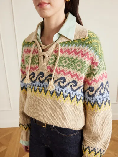 Polo Ralph Lauren Cotton Wool Blend Long Sleeve Tie Pullover Tan Multi In Neutral