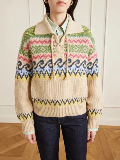 Polo Ralph Lauren Cotton Wool Blend Long Sleeve Tie Pullover Tan Multi In Neutral