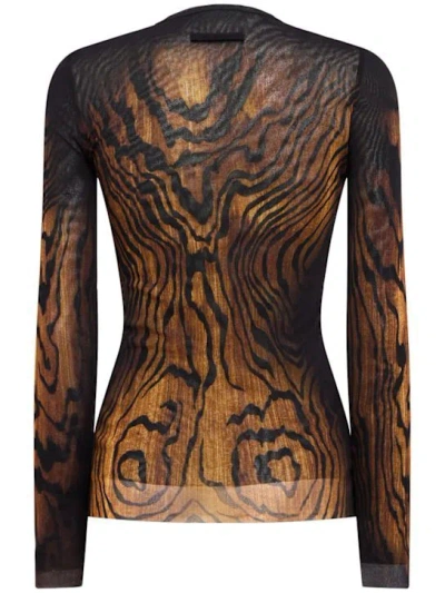 Jean Paul Gaultier Wood Grain Print Mesh Long-sleeved Top In Black