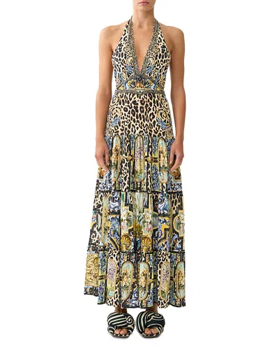 Camilla Halter Jersey Dress With Tiered Skirt Sevillian Style In Multi
