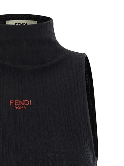 Fendi High Neck Fitted Sleeveless Top With Ruffles Clothing In Black