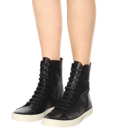 Shop Rick Owens Leather High-top Sneakers In Llack