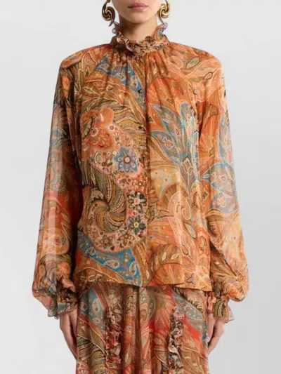 Etro Sheer Chiffon Shirt Paisley Ruffle Neckline In Brown