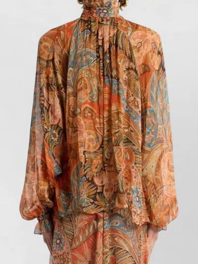 Etro Sheer Chiffon Shirt Paisley Ruffle Neckline In Brown