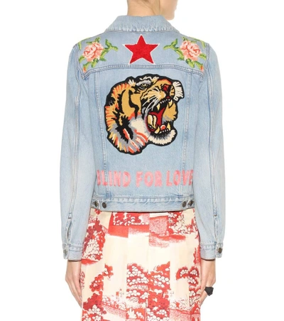 Shop Gucci Embroidered Denim Jacket In Light Llue
