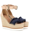 See By Chloé Leather And Denim Espadrille Wedge Sandals In Dark Blue