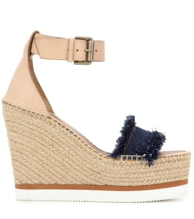 Shop See By Chloé Leather And Denim Wedge Espadrille Sandals