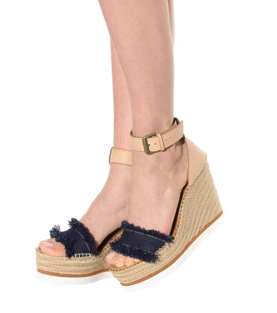 Shop See By Chloé Leather And Denim Wedge Espadrille Sandals