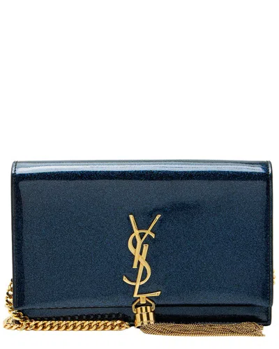 Saint Laurent Blue Glitter Patent Leather Monogram Kate Tassel Chain Wallet