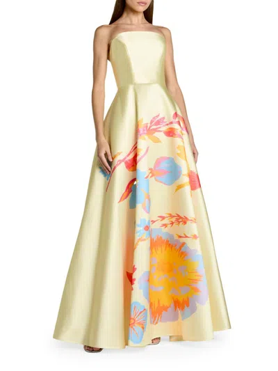 Mac Duggal Yellow Strapless Mikado Floral Ball Gown In Multi