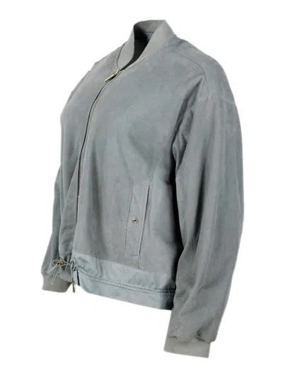 Moorer Grey Leather Jacket In Green
