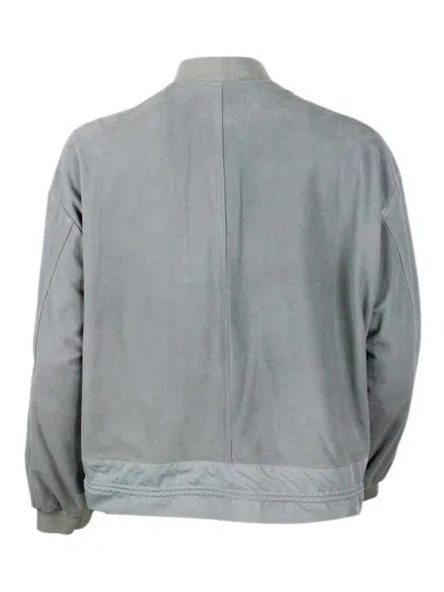 Moorer Grey Leather Jacket In Green