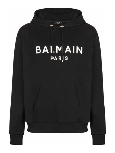 Balmain Logo Printed Drawstring Sweatshirt In Black