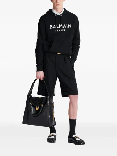 Balmain Logo Printed Drawstring Sweatshirt In Black