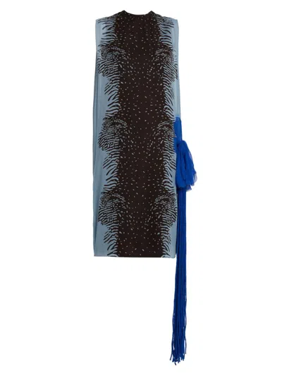 Ferragamo Cuttle Fish Print Silk Sleeveless Shift Dress In Blue