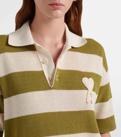 Ami Alexandre Mattiussi Ami Paris Ami De Coeur Striped Cotton Knit Polo Shirt In Brown