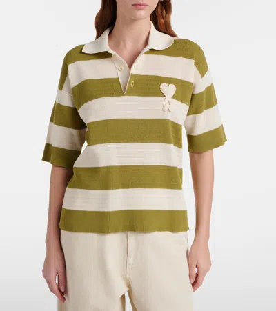 Ami Alexandre Mattiussi Ami Paris Ami De Coeur Striped Cotton Knit Polo Shirt In Brown