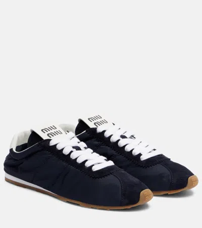 Miu Miu Suede Bicolor Retro Trainer Sneakers In Black