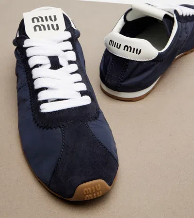 Miu Miu Suede Bicolor Retro Trainer Sneakers In Black
