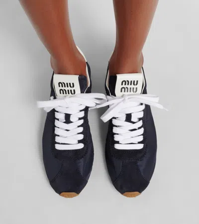 Miu Miu Suede Bicolor Retro Trainer Sneakers In Black