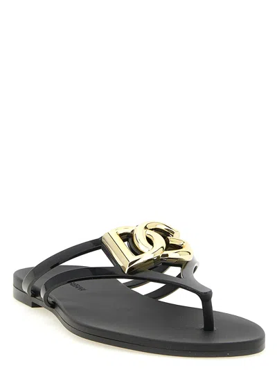 Dolce & Gabbana Black Thong Sandals With Logo Plaque On The Front In Rubber Woman