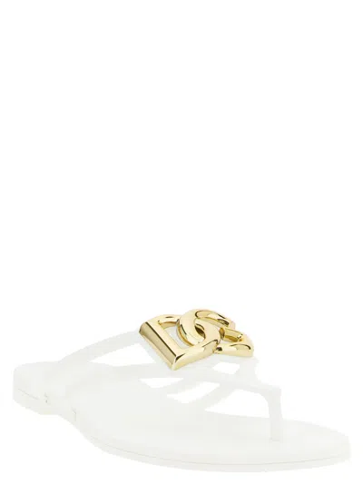 Dolce & Gabbana White Thong Sandals With Logo Plaque On The Front In Rubber Woman In Multi