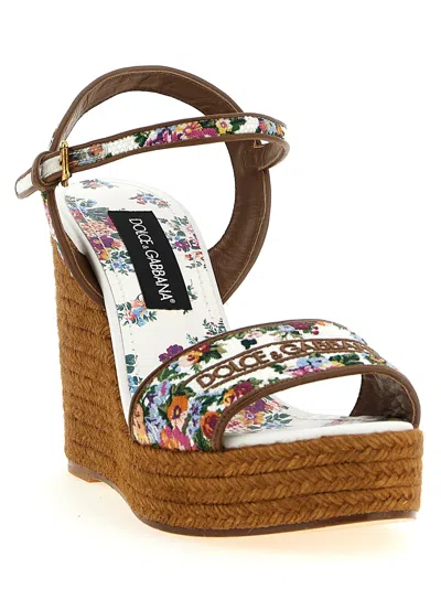 Dolce & Gabbana Leather-trimmed Embroidered Canvas Platform Wedge Sandals In Brown