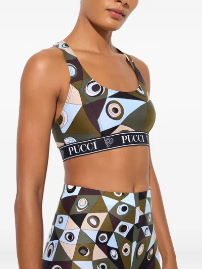 Pucci Logo-band Printed Performance Bra In Green