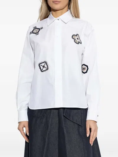 Max Mara Shirt Pointed Collar Long Sleeves Applique Embroidery In White