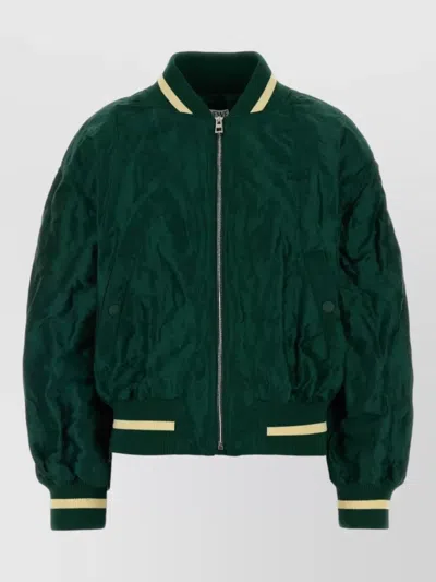 Loewe Womens Dark Green Crinkled-texture Striped-trim Woven Bomber Jacket